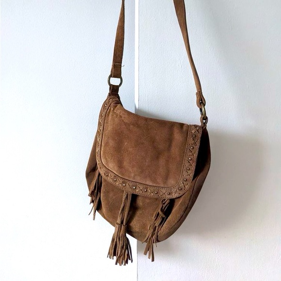 Promod suede leather crossbody bag with tassels - Picture 1 of 3